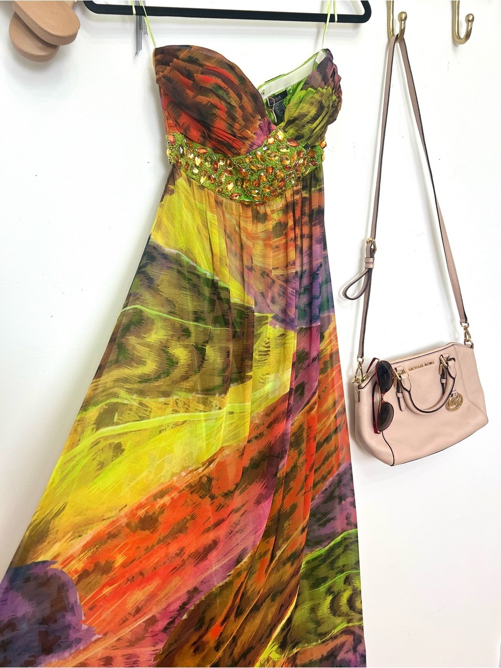 Empire waist Beaded Multicolor Tropical bling Maxi Dress 2 - Picture 6 of 12